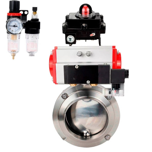 Water Butterfly valves Elephant WBV3131E-2W-W-H, body material - stainless steel AISI 304, seal - EPDM, with pneumatic actuator PA-DA, pneumatic distributor 4M310-08 220V, LSU APL-410N EX, ATU AFC2000