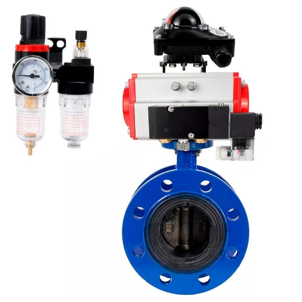 Water Butterfly Valve Elephant WBV1331E-2W-F-H, body material - Cast iron GGG40/EN-GJS-400-15, disk material - Stainless steel AISI 304, seal - EPDM, pneumatic actuator PA-DA double action, 4M310-08 NAMUR 24V, LSU APL-210N, ATU AFC2000