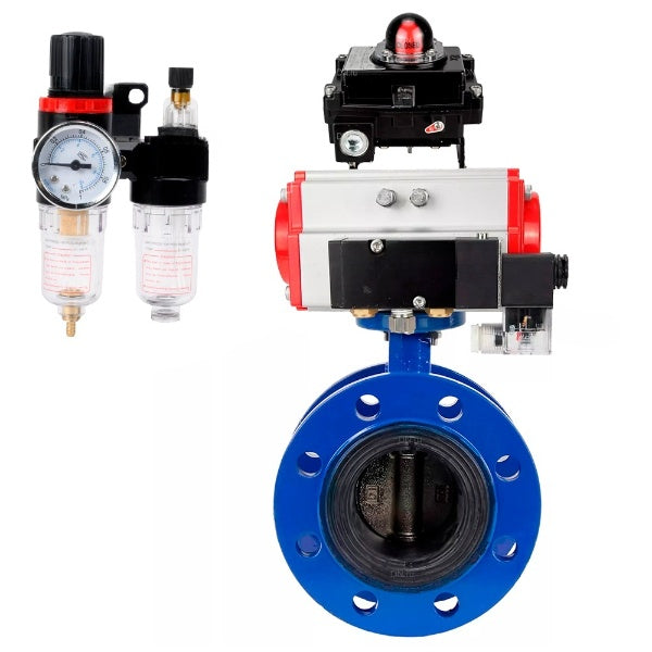 Water Butterfly Valve Elephant WBV1331E-2W-F-H, body material - Cast iron GGG40/EN-GJS-400-15, disk material - Stainless steel AISI 304, seal - EPDM, pneumatic actuator PA-DA double action, 4M310-08 NAMUR 220V, LSU APL-410N EX, ATU AFC2000