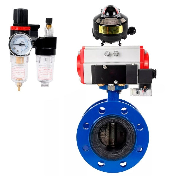 Water Butterfly Valve Elephant WBV1331E-2W-F-H, body material - Cast iron GGG40/EN-GJS-400-15, disk material - Stainless steel AISI 304, seal - EPDM, pneumatic actuator PA-DA double action, 4M310-08 NAMUR 24V, LSU APL-510N EX, ATU AFC2000