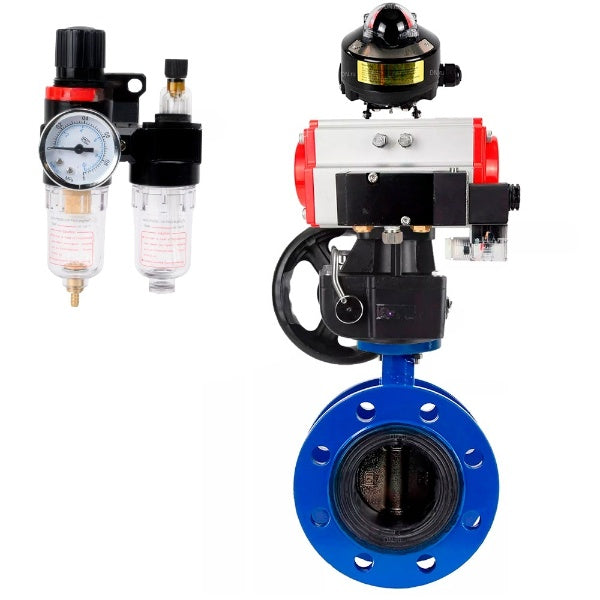 Water Butterfly Valve Elephant WBV1331E-2W-F-H, body material - Cast iron GGG40/EN-GJS-400-15, disk material - Stainless steel AISI 304, seal - EPDM, pneumatic actuator PA-DA double action, 4M310-08 NAMUR 220V, LSU APL-510N EX, handwheel MON, ATU AFC2000