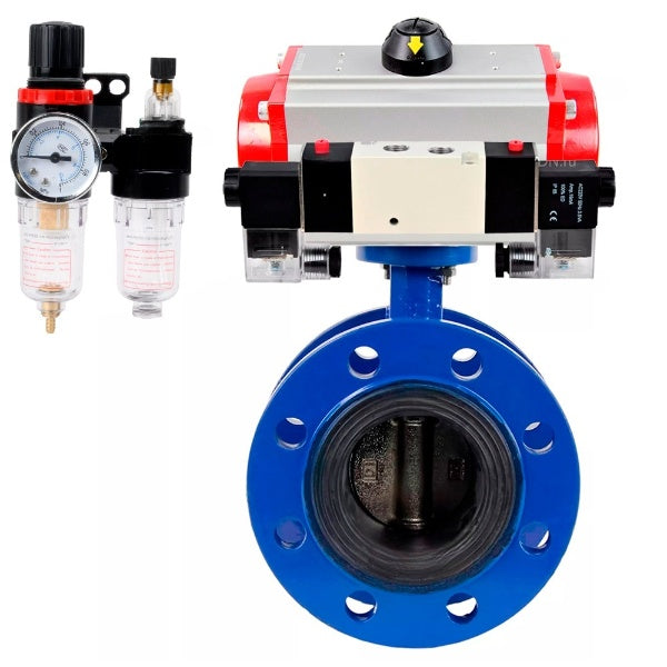 Water Butterfly Valve Elephant WBV1331E-2W-F-H, body material - Cast iron GGG40/EN-GJS-400-15, disk material - Stainless steel AISI 304, seal - EPDM, pneumatic actuator PA-SA with return springs, 4V320-08 220V, ATU AFC2000