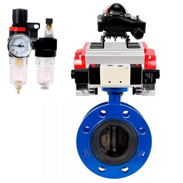 Water Butterfly Valve Elephant WBV1331E-2W-F-H, body material - Cast iron GGG40/EN-GJS-400-15, disk material - Stainless steel AISI 304, seal - EPDM, pneumatic actuator PA-SA with return springs, 4V320-10 220V, LSU APL-210N, ATU AFC2000