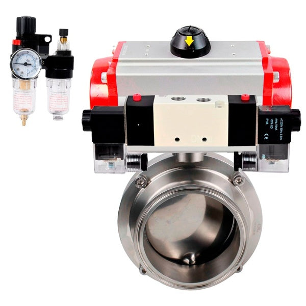 Water Butterfly valves Elephant WBV3131E-2W-C-H, body material - stainless steel AISI 304, seal - EPDM, with pneumatic actuator PA-DA-052 double action, 4V320-10 220V, ATU AFC2000