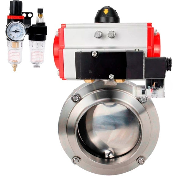 Water Butterfly valves Elephant WBV3131E-2W-W-H, body material - stainless steel AISI 304, seal - EPDM, with pneumatic actuator PA-SA, pneumatic distributor 4M310-08 24V, ATU AFC2000