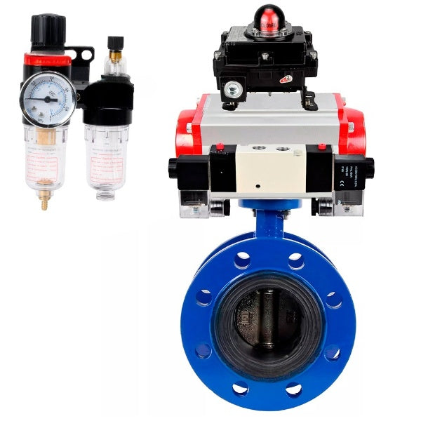 Water Butterfly Valve Elephant WBV1331E-2W-F-H, body material - Cast iron GGG40/EN-GJS-400-15, disk material - Stainless steel AISI 304, seal - EPDM, pneumatic actuator PA-SA with return springs, 4V320-08 220V, LSU APL-410N EX, ATU AFC2000