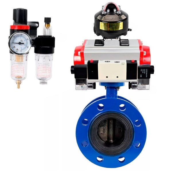 Water Butterfly Valve Elephant WBV1331E-2W-F-H, body material - Cast iron GGG40/EN-GJS-400-15, disk material - Stainless steel AISI 304, seal - EPDM, pneumatic actuator PA-SA with return springs, 4V320-08 220V, LSU APL-510N EX, ATU AFC2000