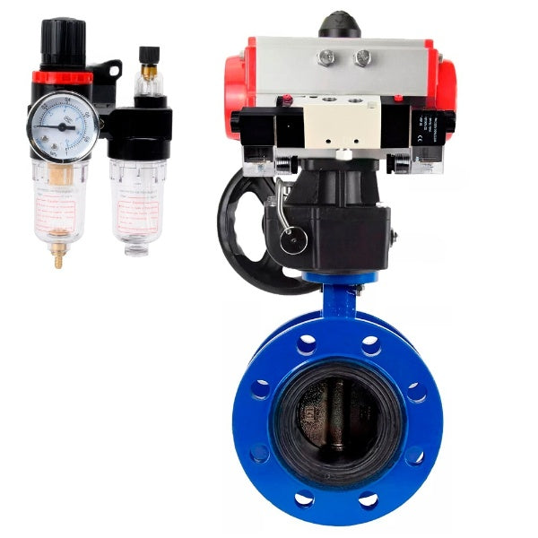 Water Butterfly Valve Elephant WBV1331E-2W-F-H, body material - Cast iron GGG40/EN-GJS-400-15, disk material - Stainless steel AISI 304, seal - EPDM, pneumatic actuator PA-DA double action, 4V320-10 220V handwheel MON, ATU AFC2000