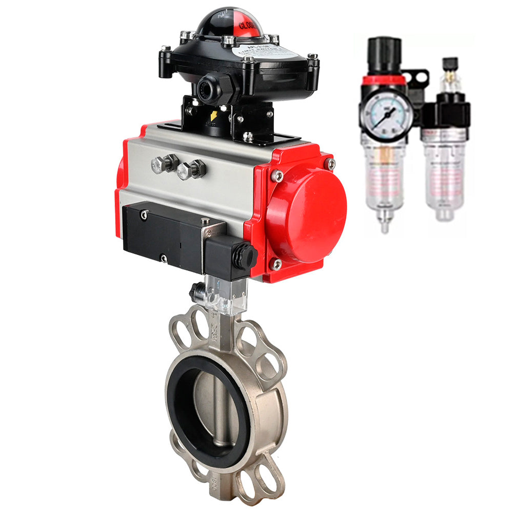 Water Butterfly Valve Elephant WBV3131N-2W-Fb-H, body material - Stainless steel AISI 304, disk material - Stainless steel AISI 304, seal - NBR, pneumatic actuator PA-SA with return springs, 4V320-08 220V, LSU APL-410N EX ATU AFC2000