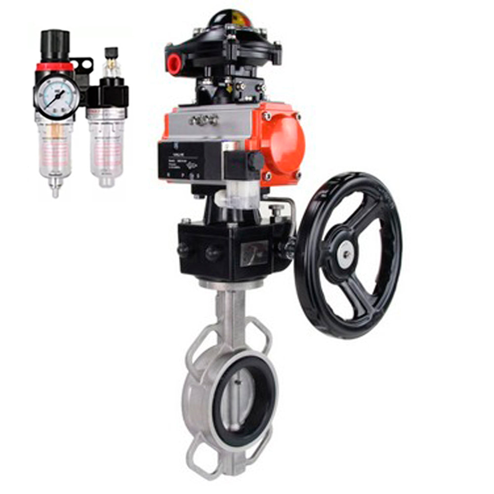 Water Butterfly Valve Elephant WBV3131V-2W-Fb-H, body material - Stainless steel AISI 304, disk material - Stainless steel AISI 304, seal - Viton, pneumatic actuator PA-DA double action, 4M310-08 220V, LSU APL-210N, handwheel MON, ATU AFC2000