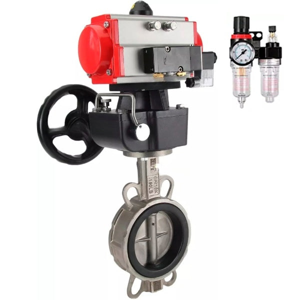 Water Butterfly Valve Elephant WBV3131V-2W-Fb-H, body material - Stainless steel AISI 304, disk material - Stainless steel AISI 304, seal - Viton, pneumatic actuator PA-DA double action, 4V320-10 220V handwheel MON, ATU AFC2000