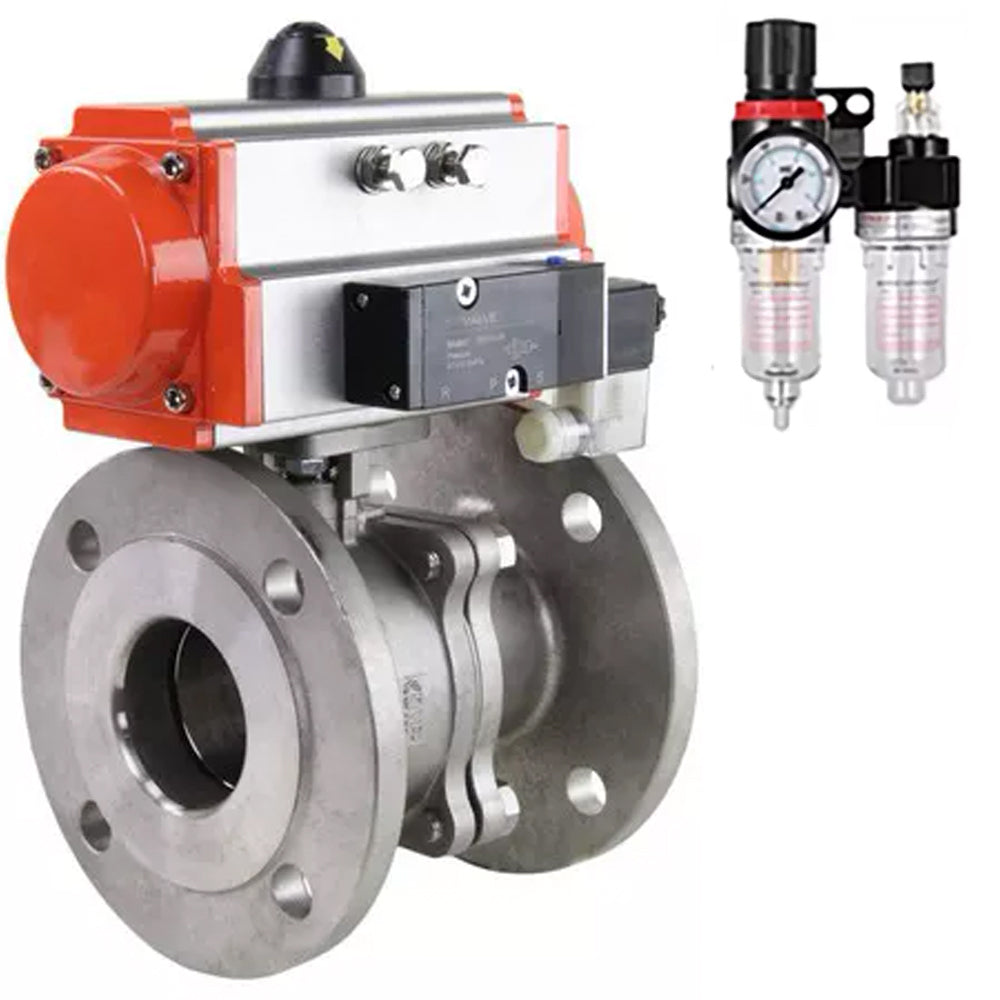 Ball valves Elephant BV3232P(2pc)-FP-F-ISO-H, body material - Stainless steel AISI 316, seal - PTFE / PTFE / Teflon, with pneumatic actuator with return springs PA-SA, 4V320-10 220VATU AFC2000