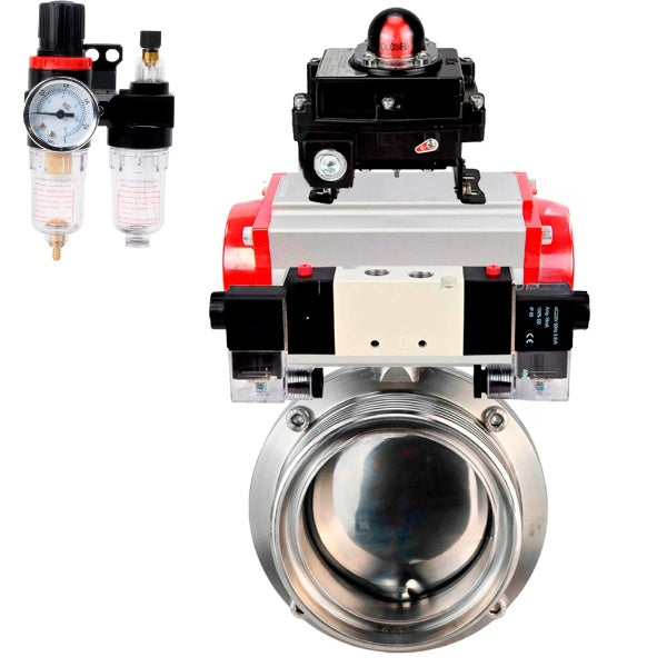 Water Butterfly valves Elephant WBV3131E-2W-T-H, body material - stainless steel AISI 304, seal - EPDM, with pneumatic actuator PA-SA, pneumatic distributor 4V320-10 220V, LSU APL-410N EX, ATU AFC2000