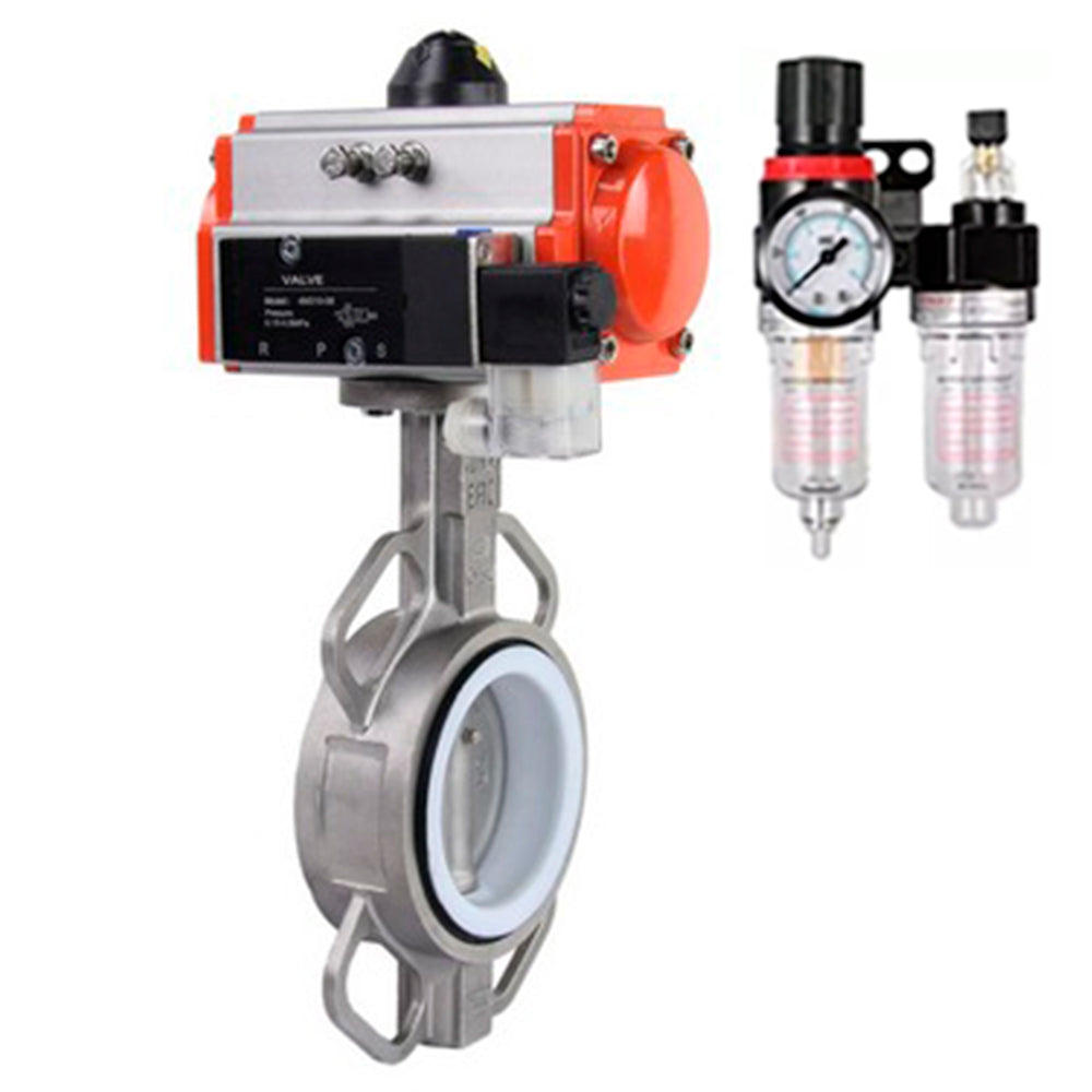Water Butterfly Valve Elephant WBV3131P-2W-Fb-H, body material - Stainless steel AISI 304, disk material - Stainless steel AISI 304, seal - PTFE, pneumatic actuator PA-DA double action, 4M310-08 24V ATU AFC2000