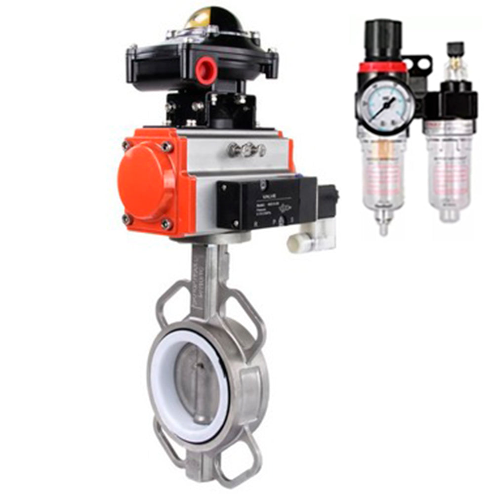 Water Butterfly Valve Elephant WBV3131P-2W-Fb-H, body material - Stainless steel AISI 304, disk material - Stainless steel AISI 304, seal - PTFE, pneumatic actuator PA-SA with return springs, 4M310-08 NAMUR 24V, LSU APL-410N EX ATU AFC2000