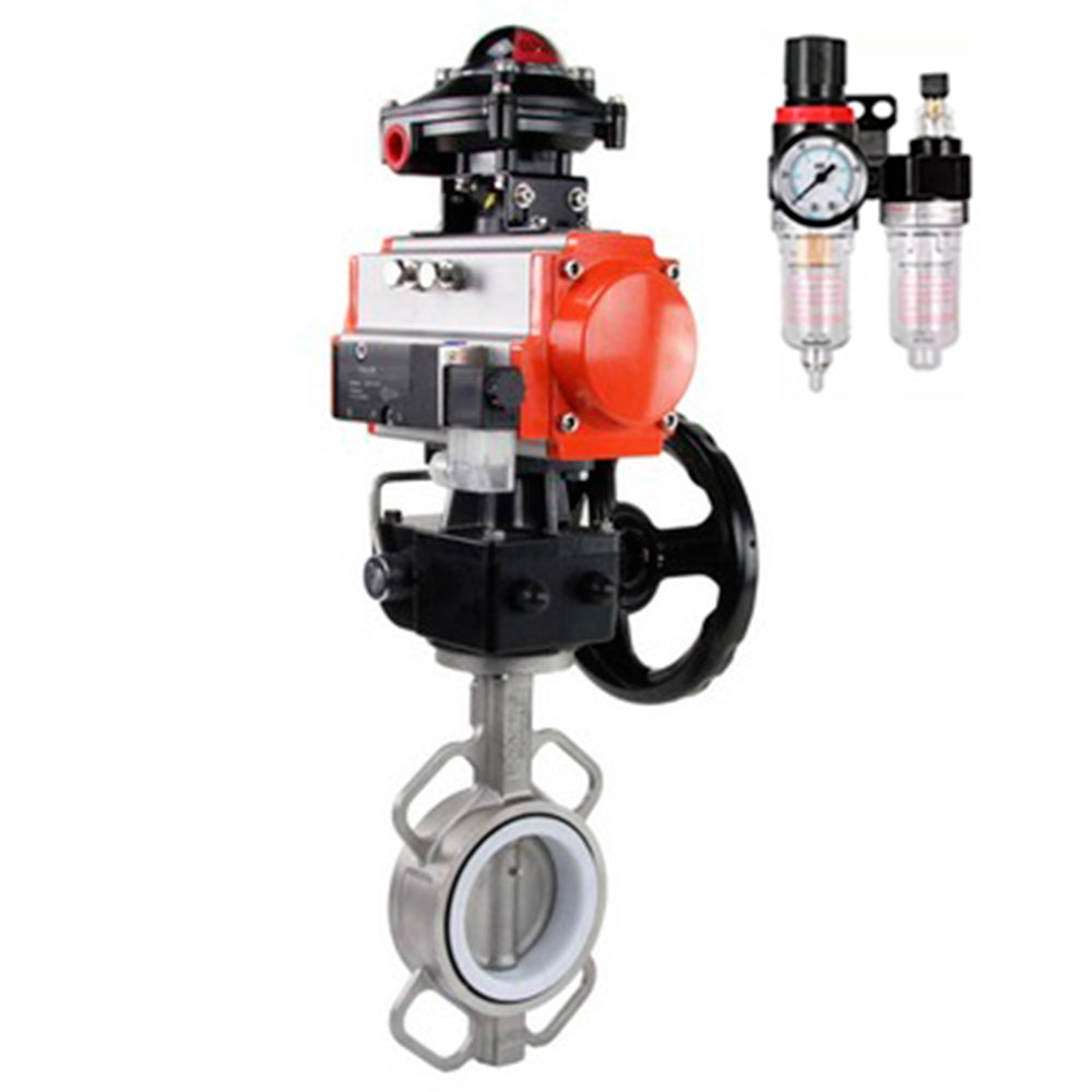Water Butterfly Valve Elephant WBV3131P-2W-Fb-H, body material - Stainless steel AISI 304, disk material - Stainless steel AISI 304, seal - PTFE, pneumatic actuator PA-DA double action, 4M310-08 220V, LSU APL-210N, handwheel MON, ATU AFC2000