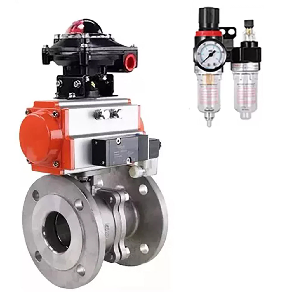 Ball valves Elephant BV3232P(2pc)-FP-F-ISO-H, body material - Stainless steel AISI 316, seal - PTFE / PTFE / Teflon, with pneumatic actuator double action PA-DA, 4V320-10 220V, LSU APL-410N Ex, ATU AFC2000