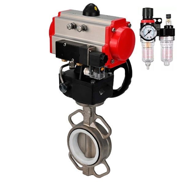 Water Butterfly Valve Elephant WBV3131P-2W-Fb-H, body material - Stainless steel AISI 304, disk material - Stainless steel AISI 304, seal - PTFE, pneumatic actuator PA-DA double action, 4V320-10 220V handwheel MON, ATU AFC2000