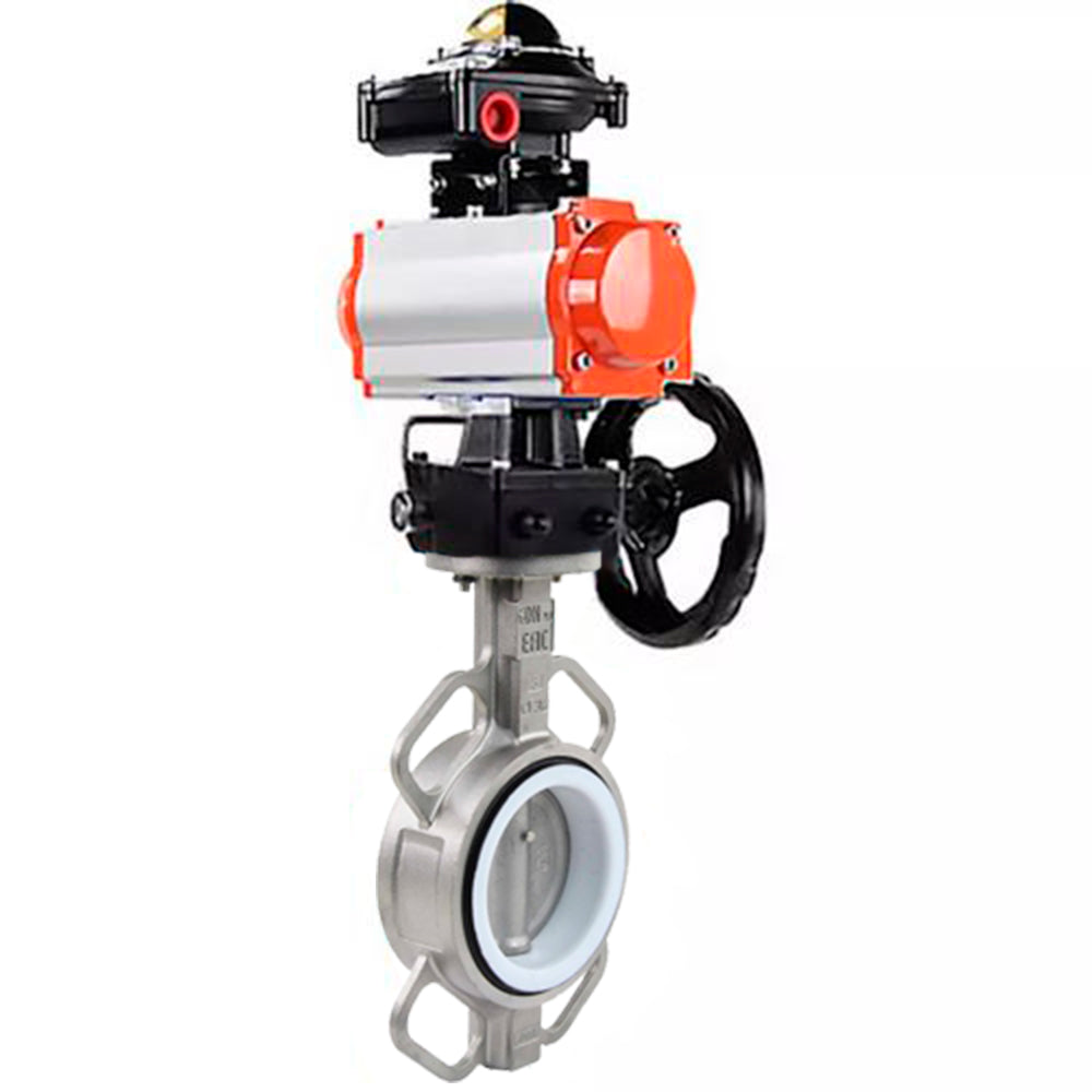 Water Butterfly Valve Elephant WBV3131P-2W-Fb-H, body material - Stainless steel AISI 304, disk material - Stainless steel AISI 304, seal - PTFE, pneumatic actuator PA-DA double action, LSU APL-210N, handwheel MON