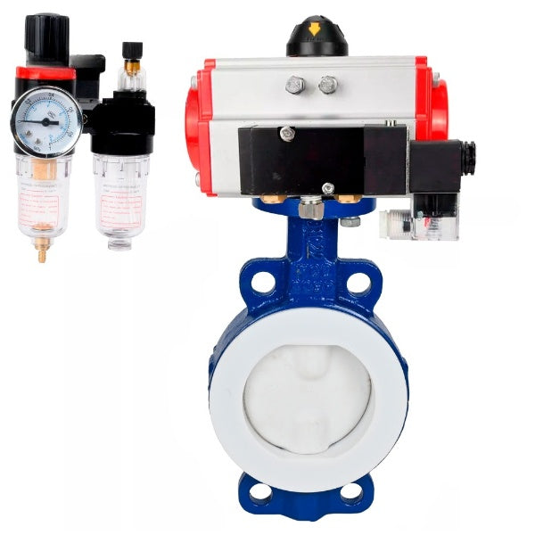 Water Butterfly Valve Elephant WBV3434Pf-2W-Fb-H, body material - Carbon steel, disk material - Carbon steel, seal - PTFE, coated PTFE, pneumatic actuator PA-SA with return springs, 4M310-08 NAMUR 220V ATU AFC2000