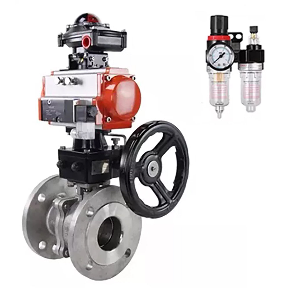 Ball valves Elephant BV3232P(2pc)-FP-F-ISO-H, body material - Stainless steel AISI 316, seal - PTFE / PTFE / Teflon, with pneumatic actuator double action PA-DA, 4V320-08 220V, LSU APL-210N, handwheel MON, ATU AFC2000