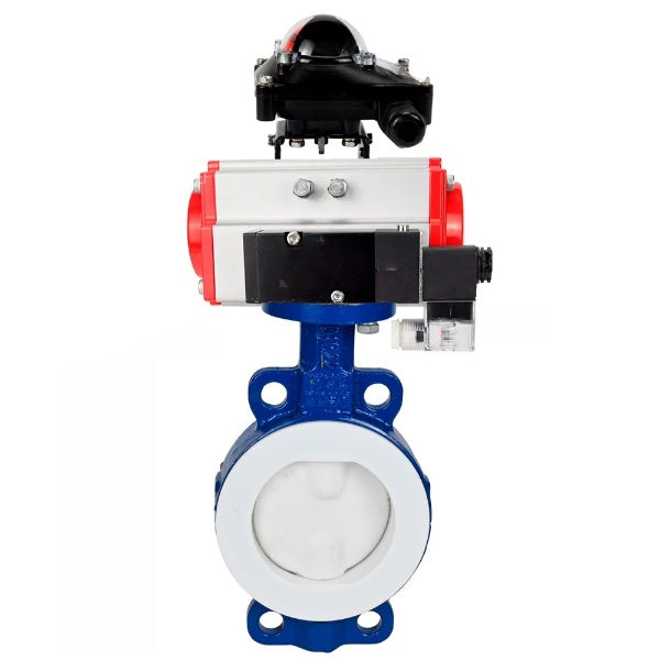 Water Butterfly Valve Elephant WBV3434Pf-2W-Fb-H, body material - Carbon steel, disk material - Carbon steel, seal - PTFE, coated PTFE, pneumatic actuator PA-SA with return springs, 4M310-08 NAMUR 24V, LSU APL-210N