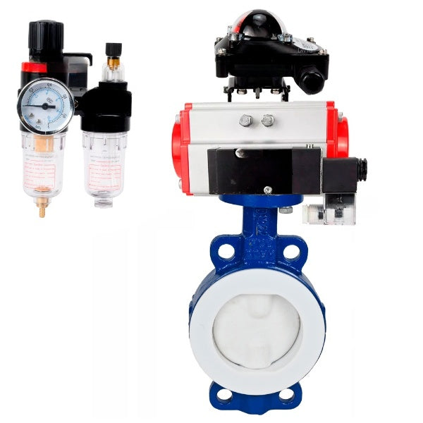 Water Butterfly Valve Elephant WBV3434Pf-2W-Fb-H, body material - Carbon steel, disk material - Carbon steel, seal - PTFE, coated PTFE, pneumatic actuator PA-SA with return springs, 4M310-08 NAMUR 220V, LSU APL-210N ATU AFC2000