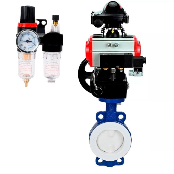Water Butterfly Valve Elephant WBV3434Pf-2W-Fb-H, body material - Carbon steel, disk material - Carbon steel, seal - PTFE, pneumatic actuator PA-DA double action, 4M310-08 NAMUR 24V, LSU APL-210N, handwheel MON, ATU AFC2000