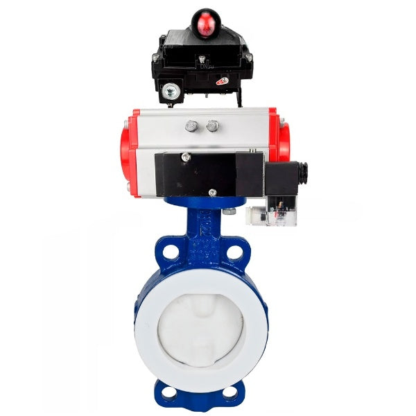 Water Butterfly Valve Elephant WBV3434Pf-2W-Fb-H, body material - Carbon steel, disk material - Carbon steel, seal - PTFE, coated PTFE, pneumatic actuator PA-SA with return springs, 4M310-08 NAMUR 220V, LSU APL-410N EX