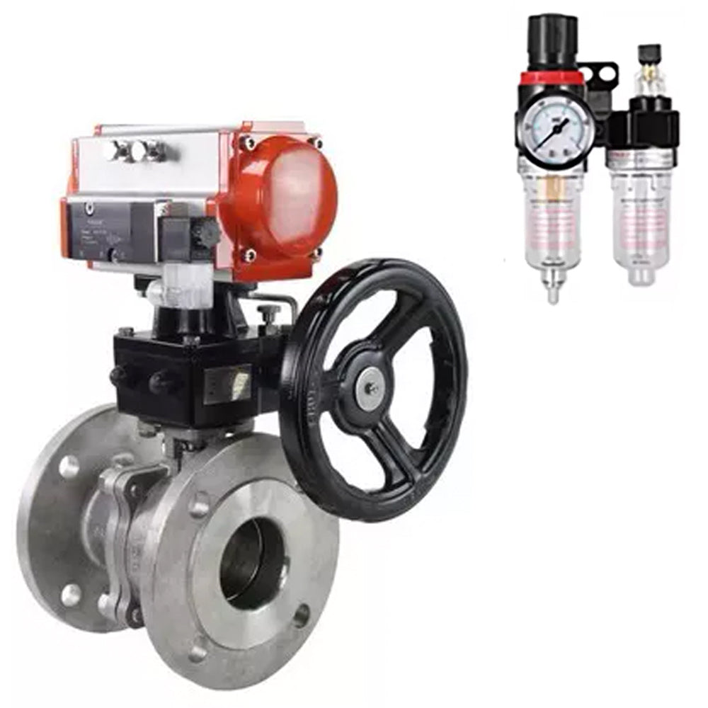 Ball valves Elephant BV3232P(2pc)-FP-F-ISO-H, body material - Stainless steel AISI 316, seal - PTFE / PTFE / Teflon, with pneumatic actuator double action PA-DA, 4V320-08 220Vhandwheel MON, ATU AFC2000