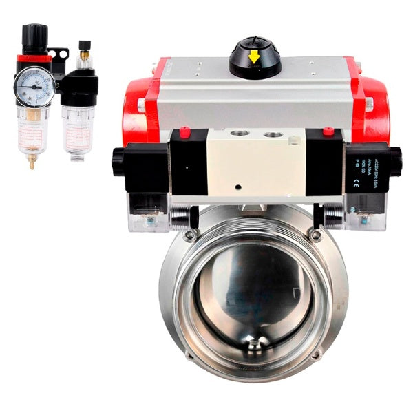 Water Butterfly valves Elephant WBV3131E-2W-T-H, body material - stainless steel AISI 304, seal - EPDM, with pneumatic actuator PA-DA, pneumatic distributor 4V320-10 220V, ATU AFC2000