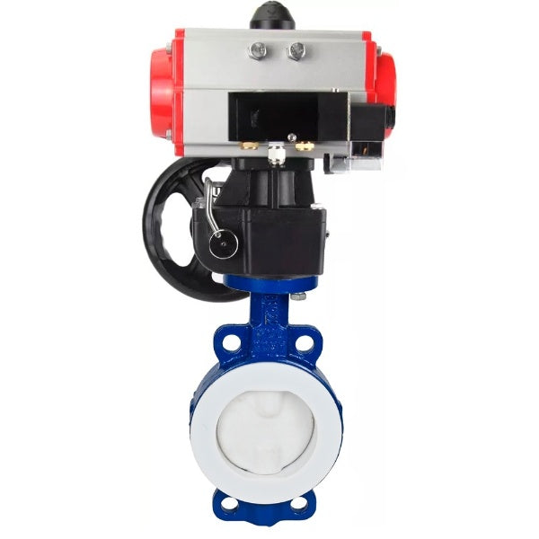 Water Butterfly Valve Elephant WBV3434Pf-2W-Fb-H, body material - Carbon steel, disk material - Carbon steel, seal - PTFE, coated PTFE, pneumatic actuator PA-DA double action, 4M310-08 NAMUR 220V handwheel MON,