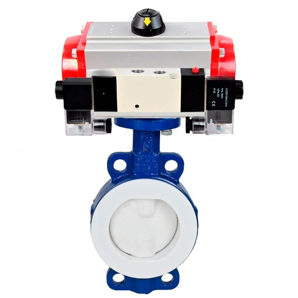 Water Butterfly Valve Elephant WBV3434Pf-2W-Fb-H, body material - Carbon steel, disk material - Carbon steel, seal - PTFE, coated PTFE, pneumatic actuator PA-SA with return springs, 4V320-10 220V