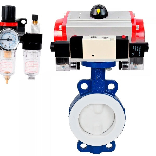 Water Butterfly Valve Elephant WBV3434Pf-2W-Fb-H, body material - Carbon steel, disk material - Carbon steel, seal - PTFE, coated PTFE, pneumatic actuator PA-DA double action, 4V320-10 220V ATU AFC2000