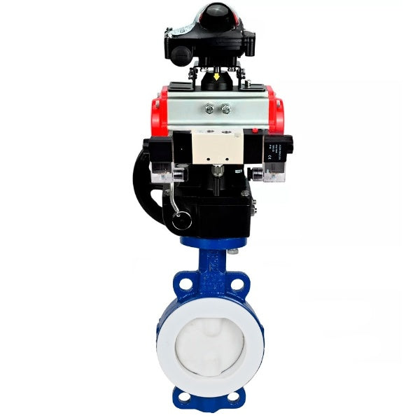 Water Butterfly Valve Elephant WBV3434Pf-2W-Fb-H, body material - Carbon steel, disk material - Carbon steel, seal - PTFE, coated PTFE, pneumatic actuator PA-DA double action, 4V320-08 220V, LSU APL-210N, handwheel MON,