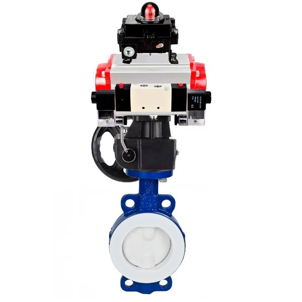 Water Butterfly Valve Elephant WBV3434Pf-2W-Fb-H, body material - Carbon steel, disk material - Carbon steel, seal - PTFE, coated PTFE, pneumatic actuator PA-DA double action, 4V320-08 220V, LSU APL-410N EX, handwheel MON,