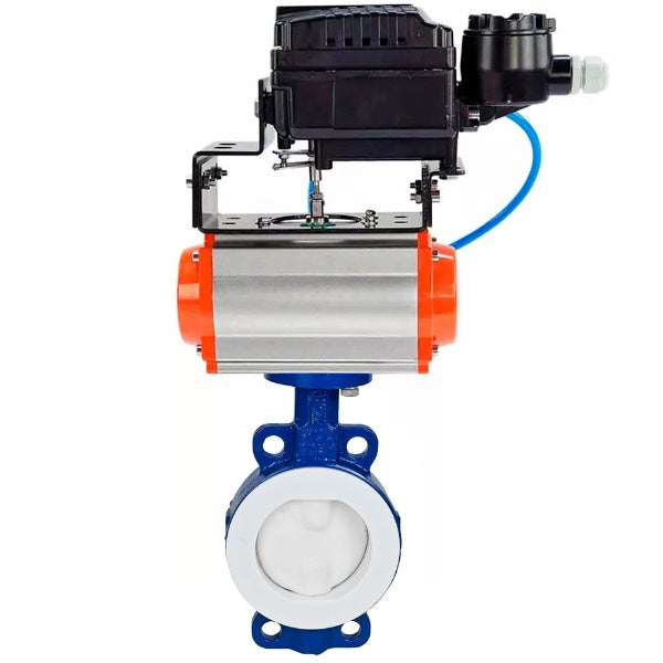 Water Butterfly Valve Elephant WBV3434Pf-2W-Fb-H, body material - Carbon steel, disk material - Carbon steel, seal - PTFE, coated PTFE, pneumatic actuator PA-SA with return springs, positioner YT-1000RSN with feedback