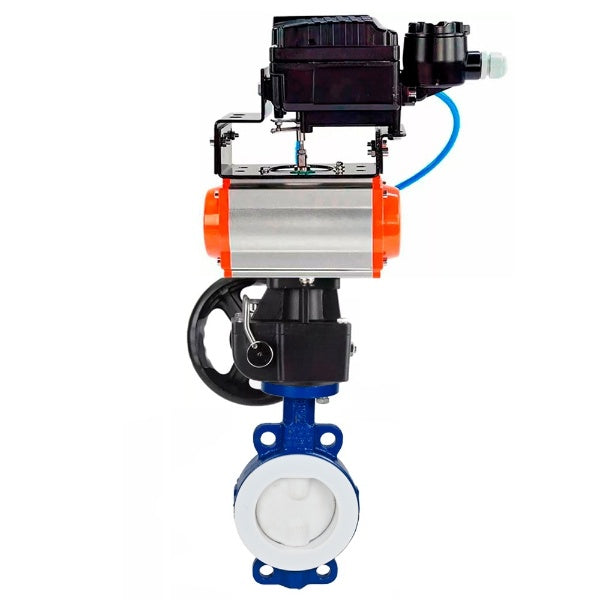 Water Butterfly Valve Elephant WBV3434Pf-2W-Fb-H, body material - Carbon steel, disk material - Carbon steel, seal - PTFE, coated PTFE, pneumatic actuator PA-DA double action, positioner YT-1000RSN with feedback, handwheel MON,