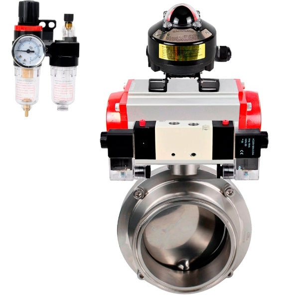 Water Butterfly valves Elephant WBV3131E-2W-C-H, body material - stainless steel AISI 304, seal - EPDM, with pneumatic actuator PA-DA, pneumatic distributor 4V320-08 220V, LSU APL-510N EX, ATU AFC2000