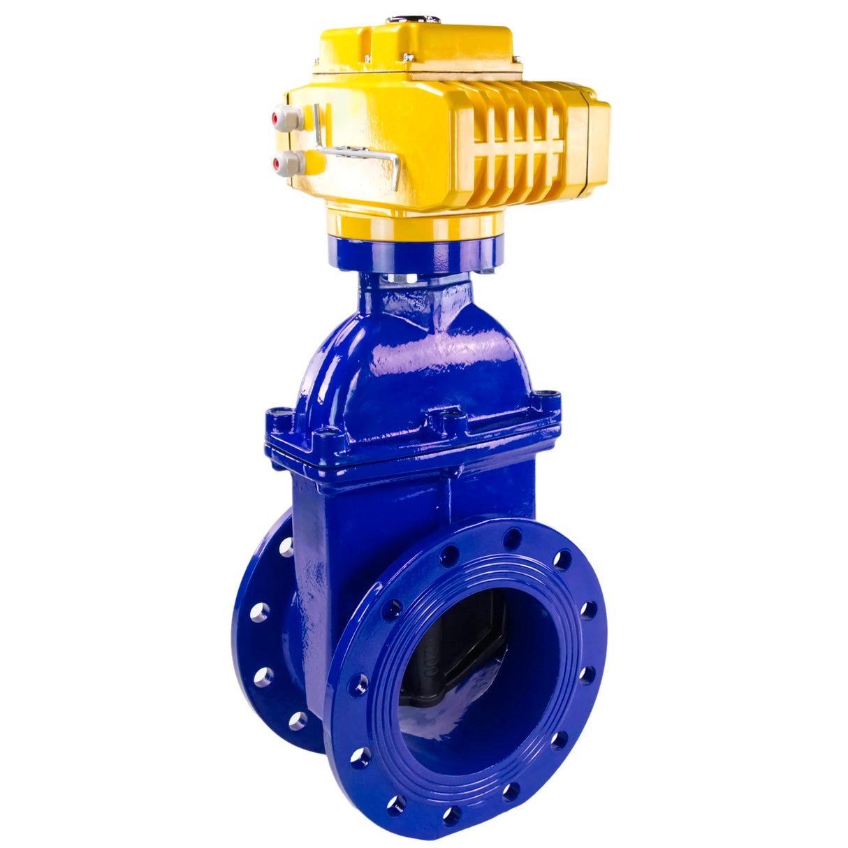 Wedge gate valve Elephant GVWN1414E-2W-F flange connection, body material - cast iron GGG50, wedge material - rubber, seal - EPDM, color - blue, with a non-rising spindle, electric actuator Elephant MT-200-220, 220V
