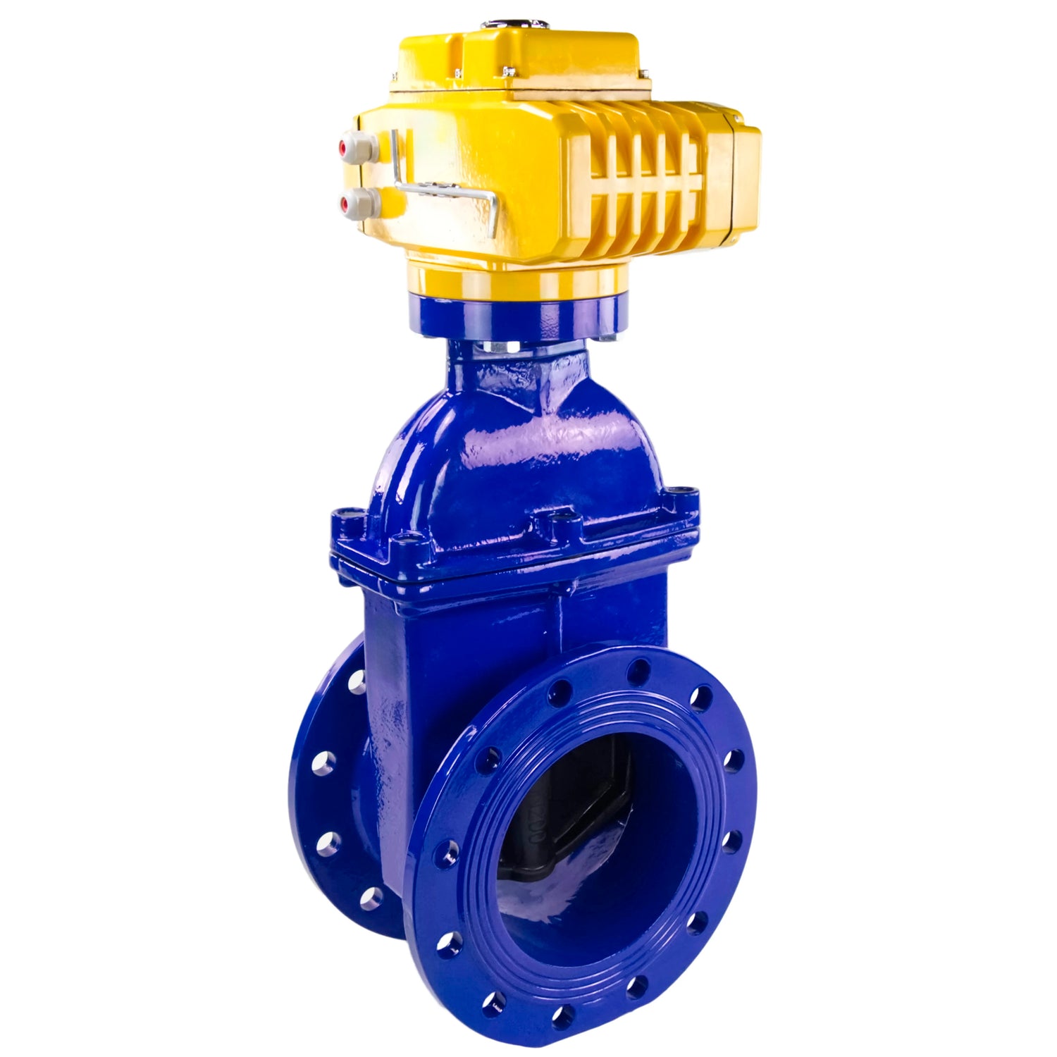 Wedge gate valve Elephant GVWN1414E-2W-F flange connection, body material - cast iron GGG50, wedge material - rubber, seal - EPDM, color - blue, with a non-rising spindle, electric actuator Elephant MT-200-220, 220V