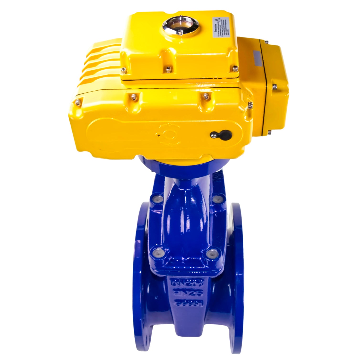 Wedge gate valve Elephant GVWN1414E-2W-F flange connection, body material - cast iron GGG50, wedge material - rubber, seal - EPDM, color - blue, with a non-rising spindle, electric actuator Elephant MT-200-220, 220V