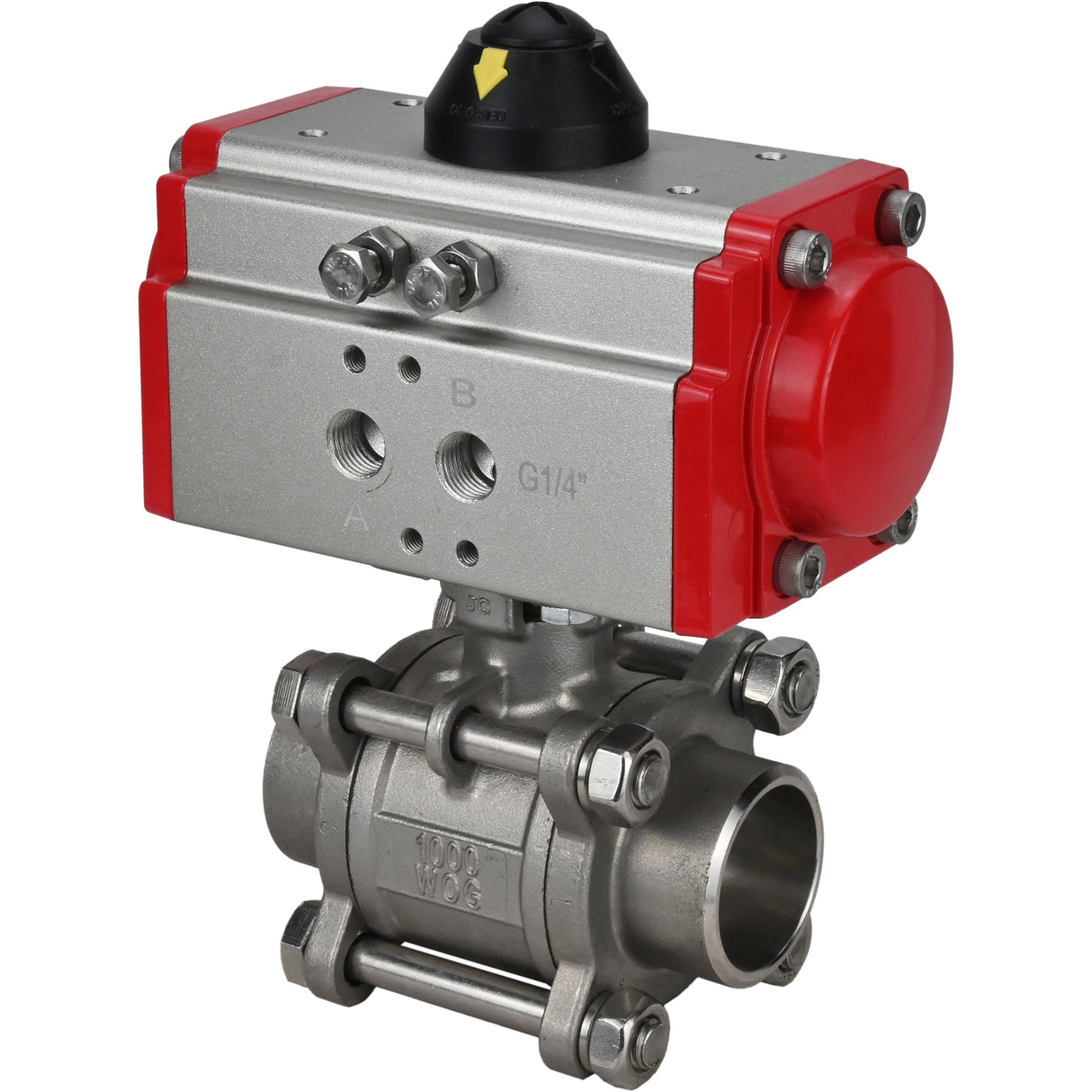 Stainless steel ball valve Elephant kshpp-316200-da, body material - stainless steel AISI 316, ball material - stainless steel AISI 316, seal - PTFE, pneumatic actuator operated