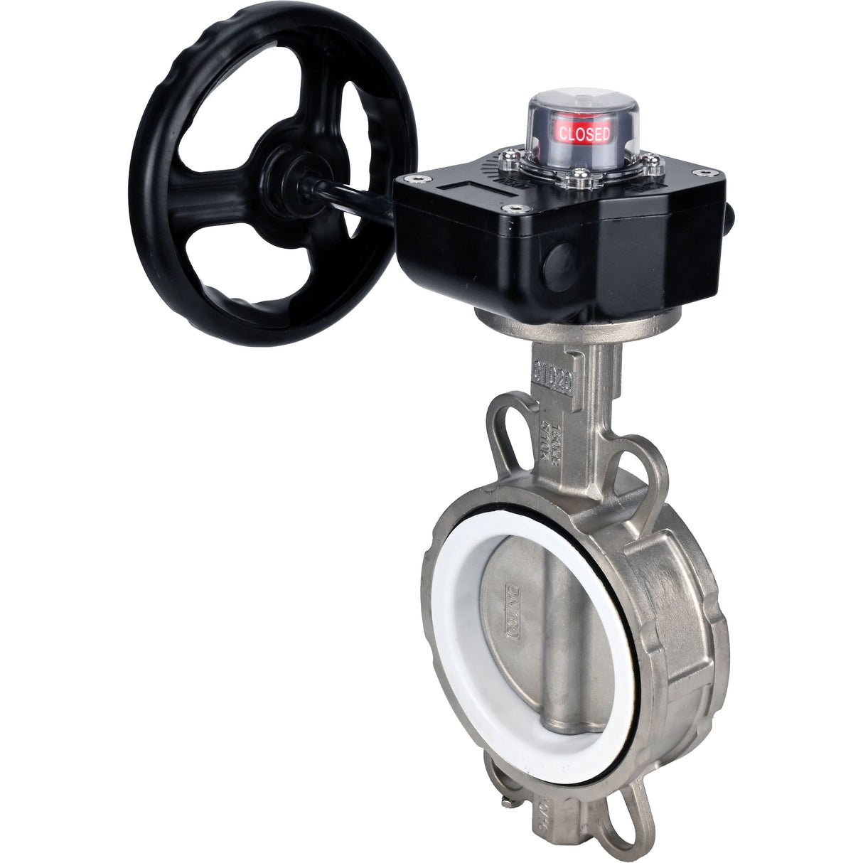 Water Butterfly Valve Elephant 316L-PTFE-HGB, body material - stainless steel AISI 316L, disk material - stainless steel AISI 316L, seal - PTFE, gear operated