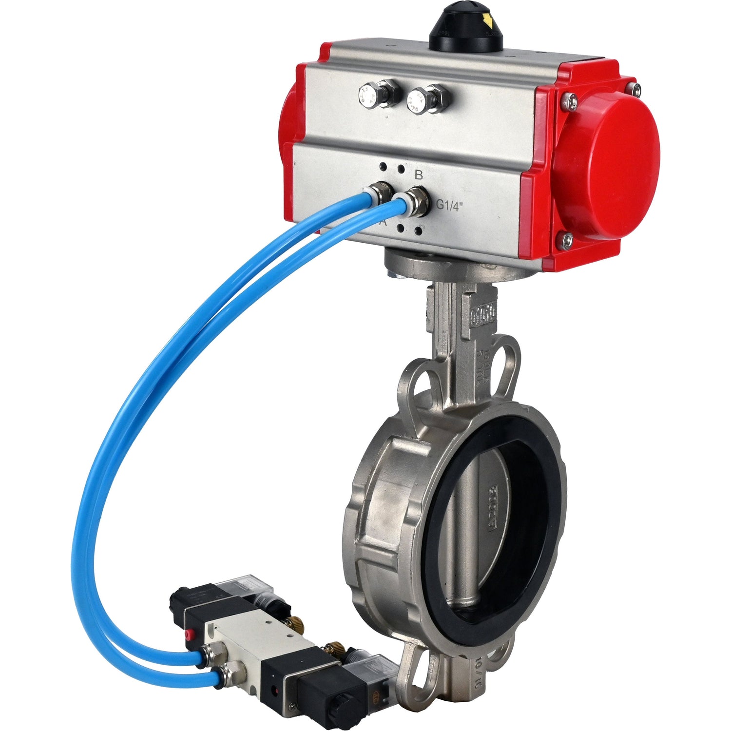 Water Butterfly Valve Elephant WBV3232N-2W-Fb-H, body material - stainless steel AISI 316L, disk material - stainless steel AISI 316L, seal - NBR, with pneumatic actuator double action PA-DA, 4V320-08 220V