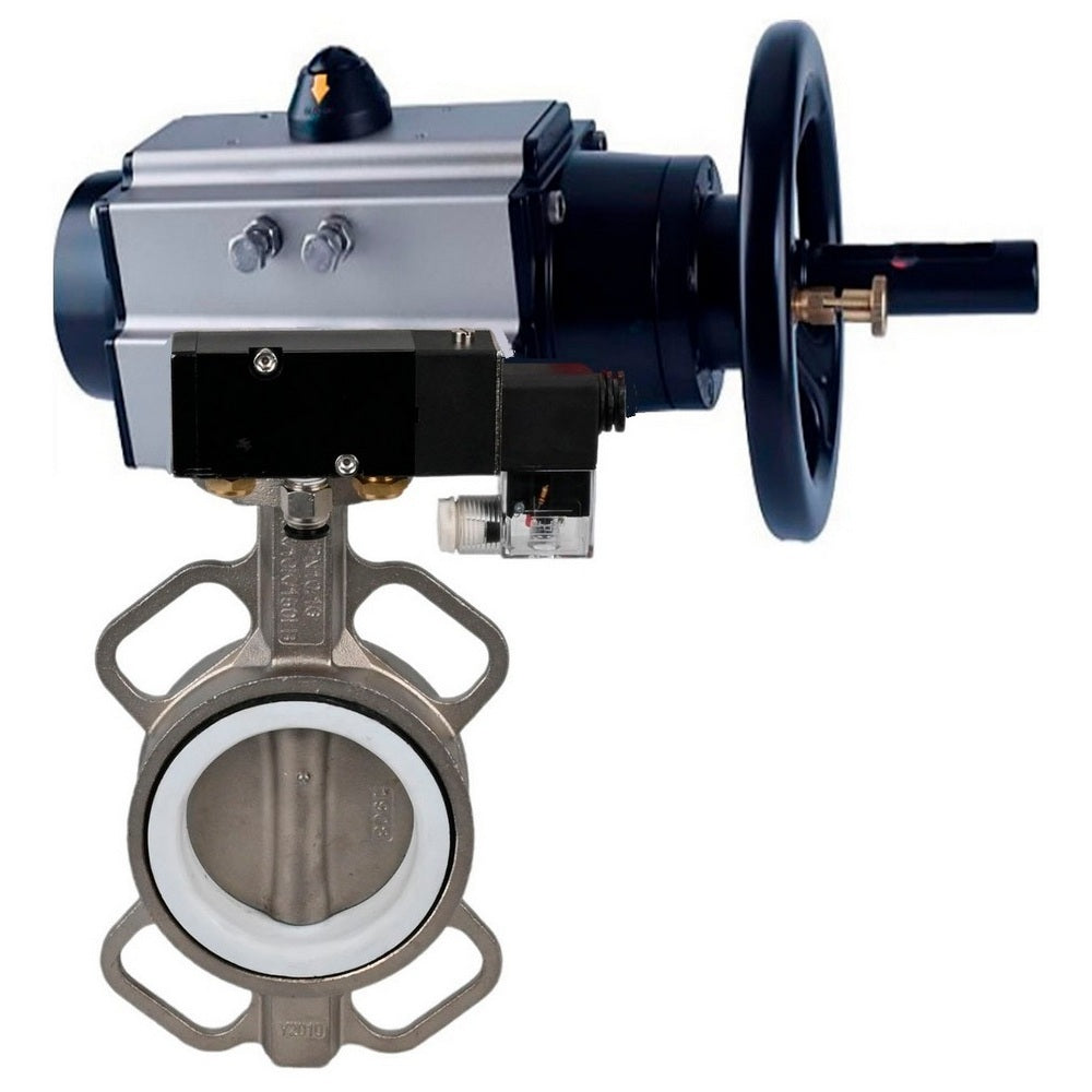 Water Butterfly Valve Elephant WBV3432E-2W-Fb body material - Carbon steel, disk material - Stainless steel AISI 316L/1.4404, seal - EPDM with pneumatic actuator double acting PA-DA-105-1, pneumatic distributor 4V320-08 220V