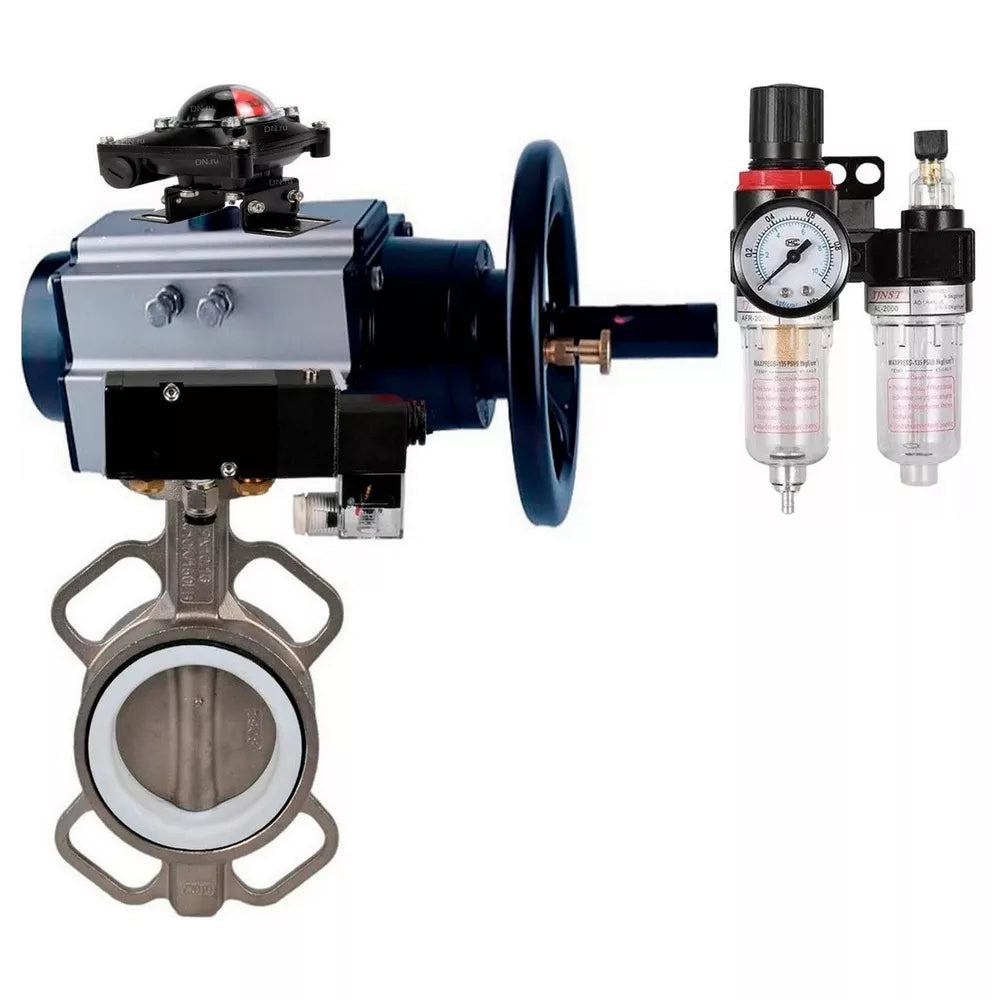 Water Butterfly Valve Elephant WBV3232N-2W-Fb-H, body material - stainless steel AISI 316L, disk material - stainless steel AISI 316L, seal - NBR, with pneumatic actuator double action PA-DA-105-1, 4V320-08 220V, LSU APL-510N-EX, ATU AFC2000
