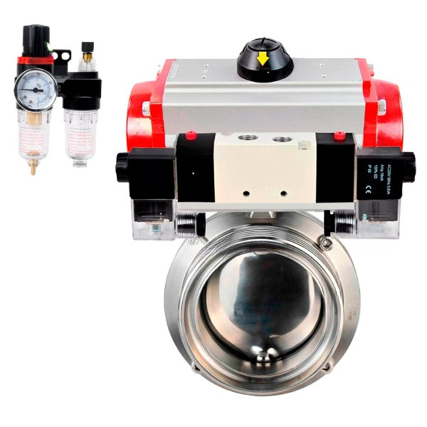 Water Butterfly valves Elephant WBV3131E-2W-T-H, body material - stainless steel AISI 304, seal - EPDM, with pneumatic actuator PA-DA-052 double action, 4V320-10 220V, ATU AFC2000