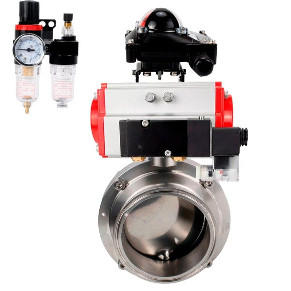 Water Butterfly valves Elephant WBV3131E-2W-C-H, body material - stainless steel AISI 304, seal - EPDM, with pneumatic actuator PA-DA, pneumatic distributor 4M310-08 24V, LSU APL-210N, ATU AFC2000