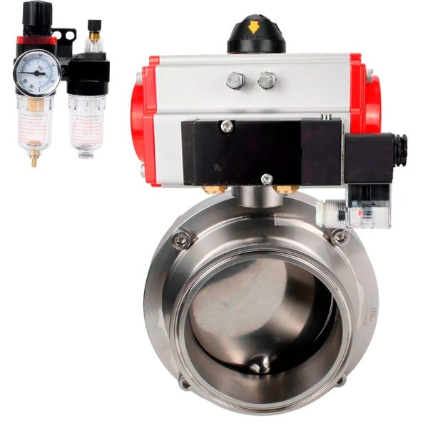Water Butterfly valves Elephant WBV3131E-2W-C-H, body material - stainless steel AISI 304, seal - EPDM, with pneumatic actuator PA-DA, pneumatic distributor 4M310-08 NAMUR 24V, ATU AFC2000